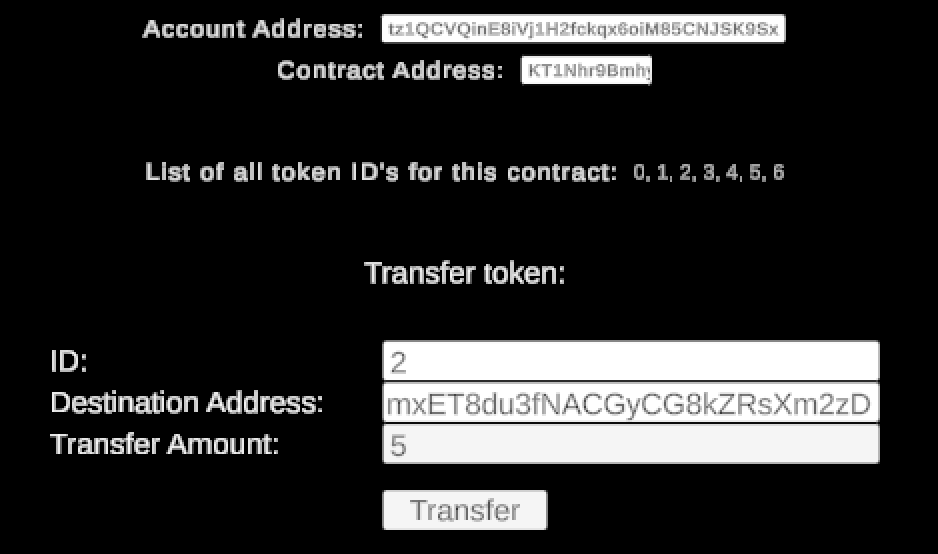 The Transfer scene, showing information about the token to transfer